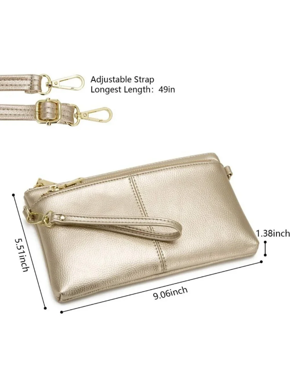 Lightweight Triple Zip Crossbody Bag | Vegan Leather Wristlet Clutch with